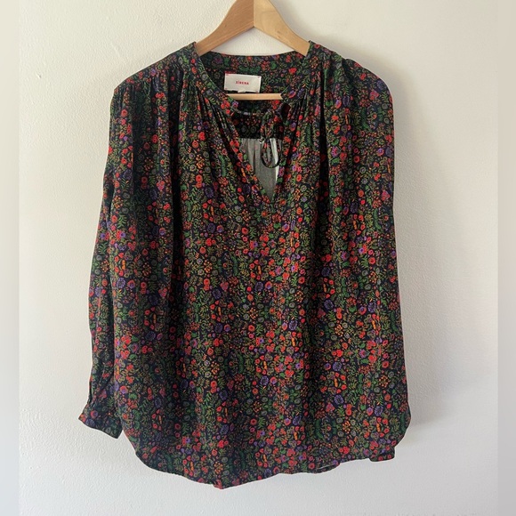 XiRENA Ameli Blue Floral Printed Tie Collar Pull-Over Long Sleeve Peasant Top - Picture 1 of 11